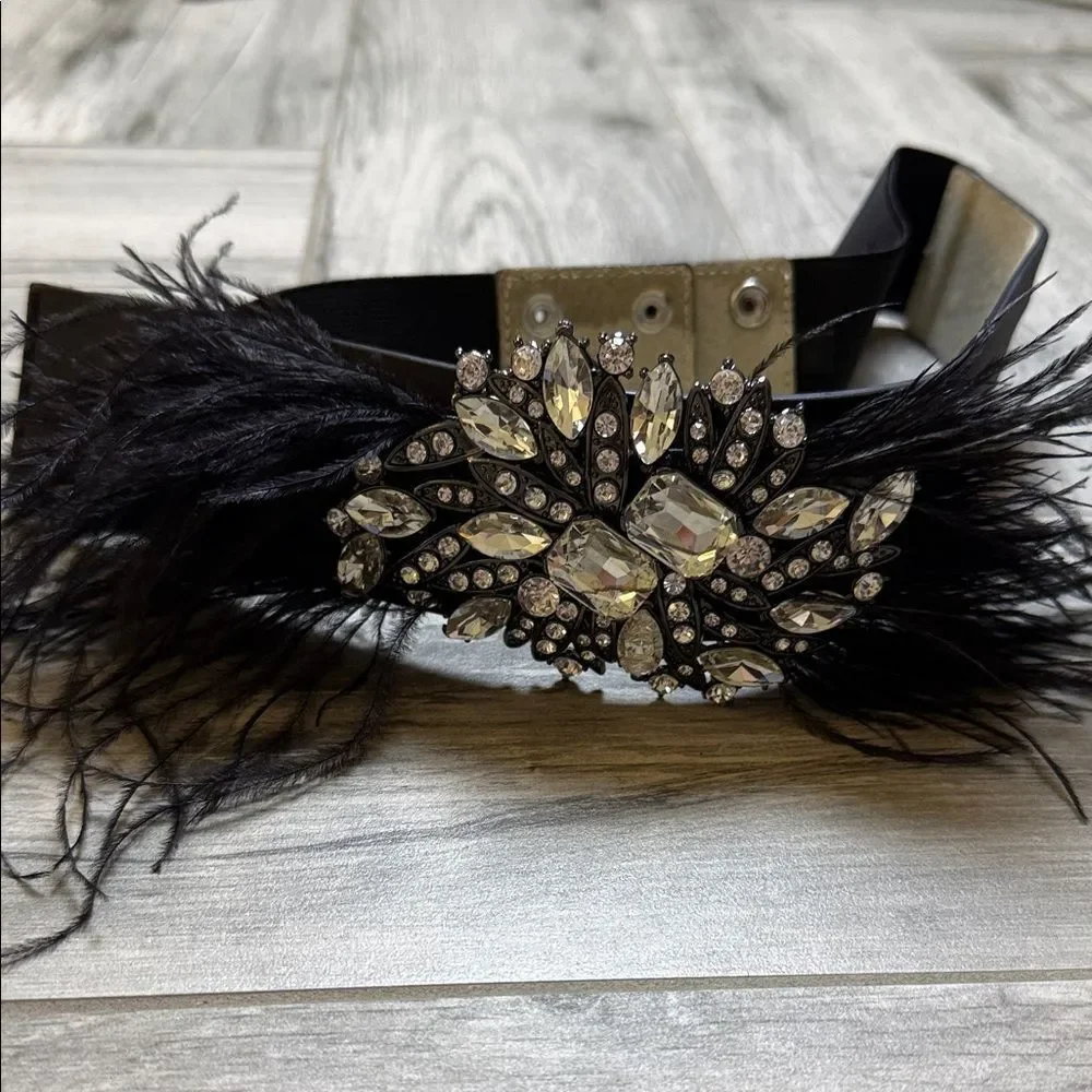 White House Black Market Black Feather Belt with Crystal Brooch Size Small